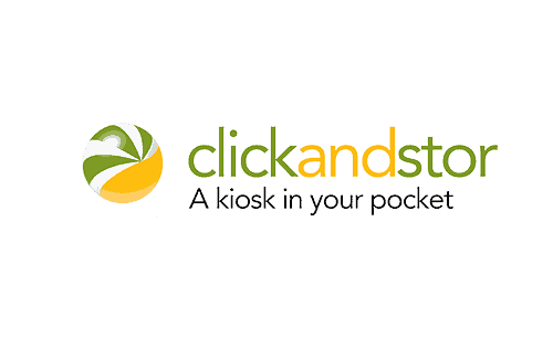 Logo for ClickandStor with a green and yellow circular design and the text "A kiosk in your pocket" below.