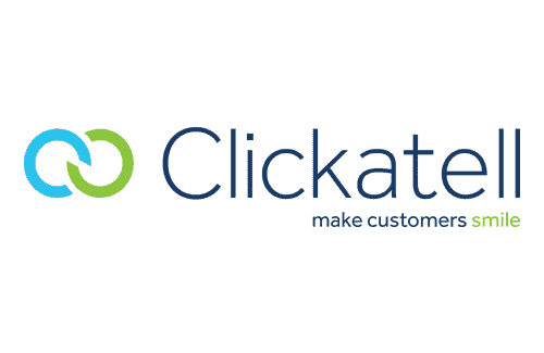 Clickatell logo with two interlocking circles in blue and green next to the text "Clickatell" and the slogan "make customers smile.