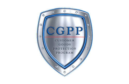 Silver shield with the text "CGPP Customer Goods Protection Program" embossed in blue and red on it.