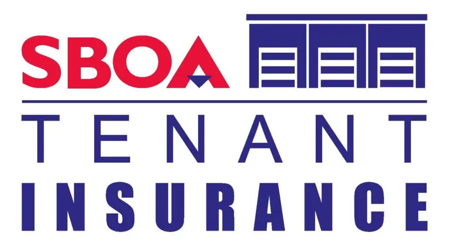 Logo of SBOA Tenant Insurance featuring bold red and blue text with a graphic of storage units above the word "Tenant.