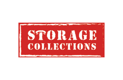 Red rectangular logo with white text reads "STORAGE COLLECTIONS," with a distressed, stamped appearance.