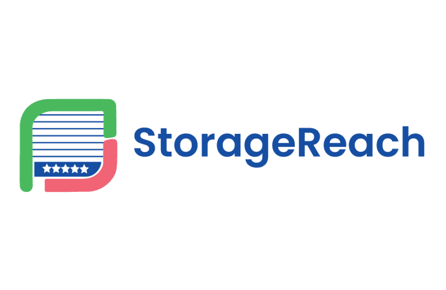 Logo of StorageReach with a stylized "S" containing horizontal lines and stars on the left, and the company name in blue text on the right.