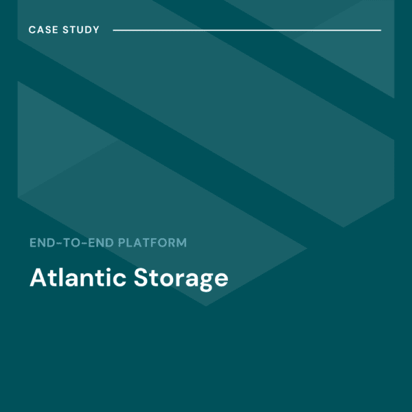 Case study cover titled "Atlantic Storage" with geometric background and text "End-to-End Platform" on a teal backdrop.