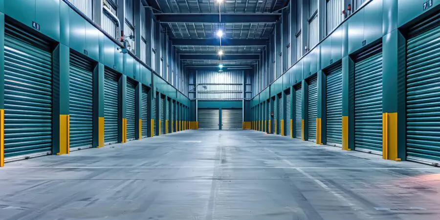 Interior of a well-lit storage facility with multiple closed green roll-up doors along both sides and yellow safety barriers at the base of each unit.