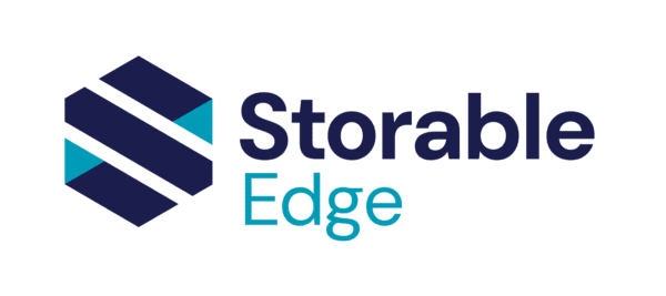 Logo of Storable Edge featuring a geometric hexagonal symbol with dark blue and teal sections next to the text "Storable Edge" in dark blue and teal.