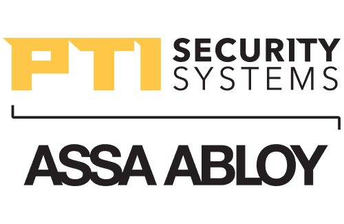 Logo of PTI Security Systems with "ASSA ABLOY" written below in bold letters. The text "Security Systems" is in a smaller font next to "PTI".
