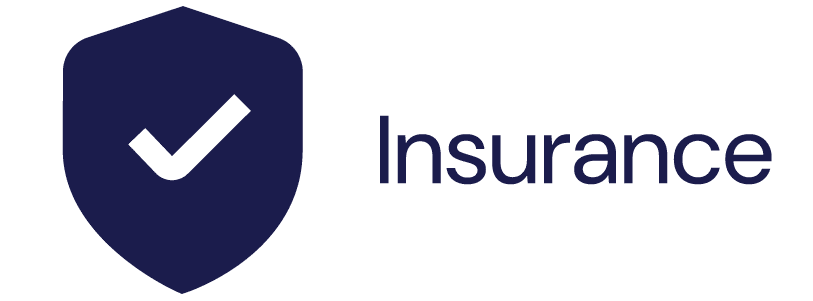 A shield icon with a checkmark next to the word "Insurance" in dark blue font.