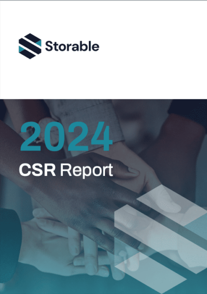 Cover of the 2024 Storable CSR Report featuring overlapping hands in a teamwork gesture and the Storable logo at the top.