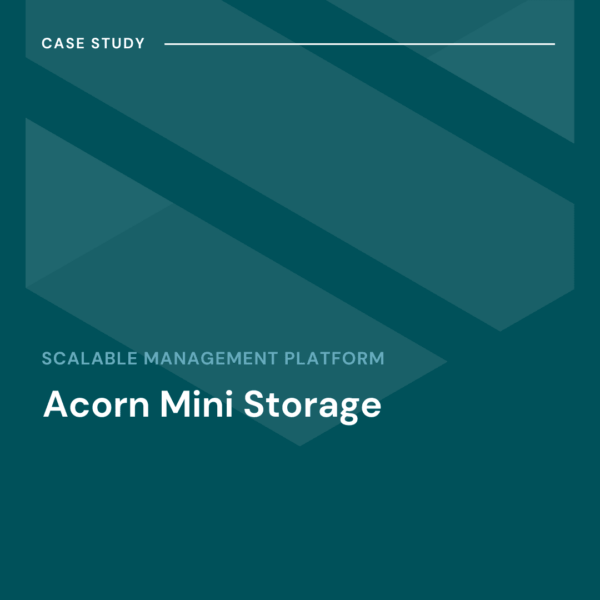Case study cover with geometric teal shapes and the text: “Scalable Management Platform Acorn Mini Storage.”.