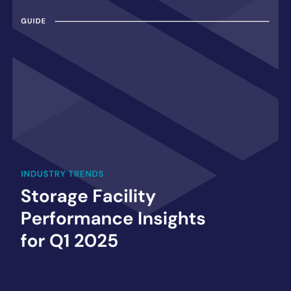 A cover page titled "Storage Facility Performance Insights for Q1 2025" with geometric shapes and a dark blue background.