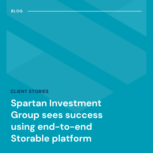Blue graphic with white text reads: "Spartan Investment Group sees success using end-to-end Storable platform," under the blog and client stories sections.