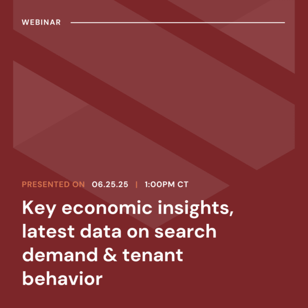 Webinar announcement: "Key economic insights, latest data on search demand & tenant behavior," scheduled for June 25, 2025, at 1:00 PM CT, on a red geometric background.