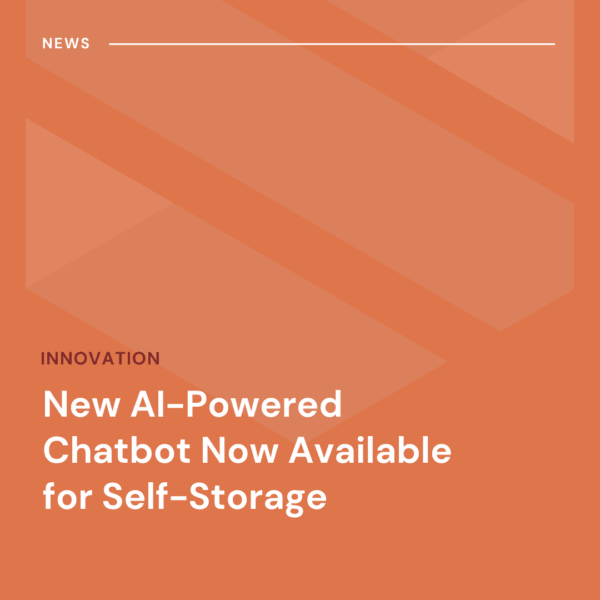Orange graphic with the headline: "New AI-Powered Chatbot Now Available for Self-Storage" and the label "INNOVATION" above the text.