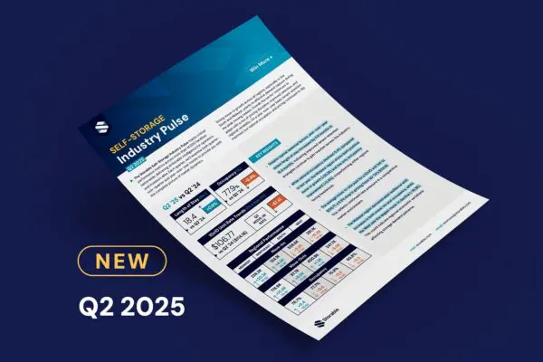 A self-storage industry report titled "Industry Pulse" for Q2 2025, featuring charts, statistics, and text, is displayed on a blue background.