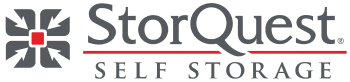 StorQuest Self Storage logo with a geometric, symmetrical icon on the left and "StorQuest Self Storage" text to the right, separated by a horizontal red line.