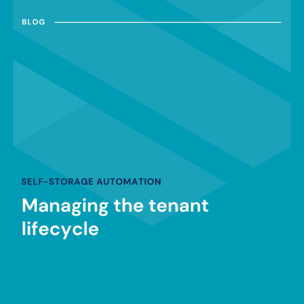 Blue graphic with the title "Managing the tenant lifecycle" and subtitle "Self-storage automation," labeled as a blog post.