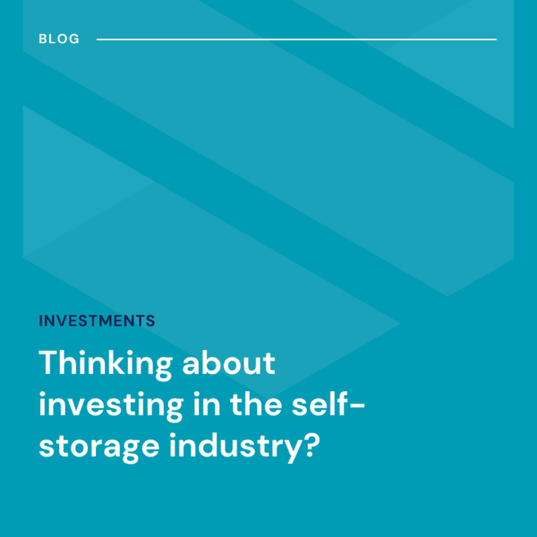 Blue graphic with geometric shapes, text reads: "Thinking about investing in the self-storage industry?" and a blog section labeled "Investments.