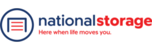 Logo for "national storage" with a garage icon on the left and the tagline "Here when life moves you." written below.