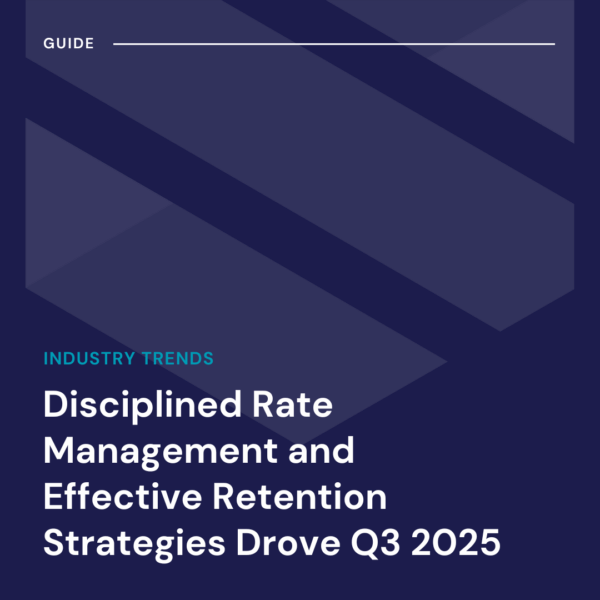 Cover page with the title "Disciplined Rate Management and Effective Retention Strategies Drove Q3 2025" and a headline labeled "Industry Trends" on a navy background.