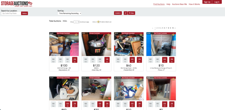 Screenshot of an online storage auction website showing listings of storage units for sale, each with images, current bids, time remaining, and location details.