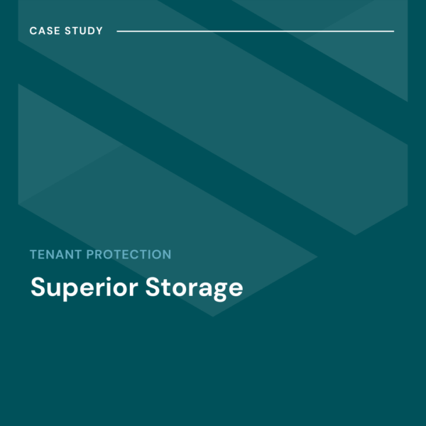 A teal graphic with diagonal geometric shapes features the text "Case Study," "Tenant Protection," and "Superior Storage.