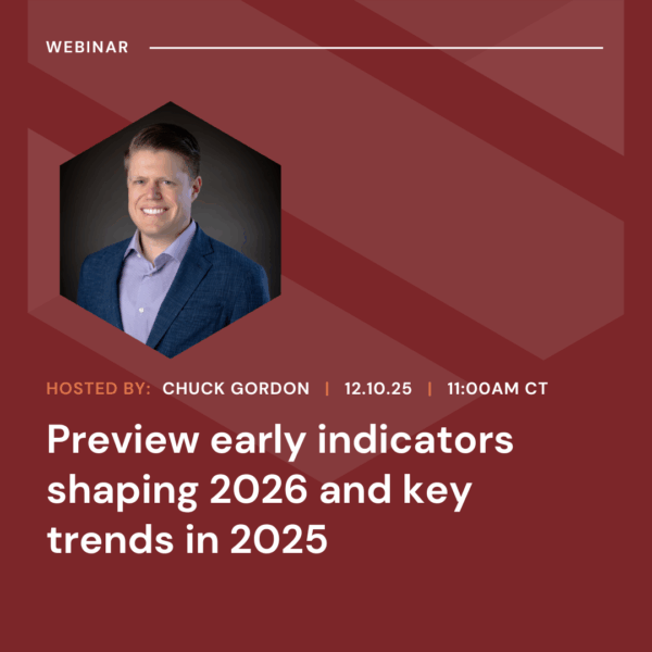 A man in a blue blazer is featured in a promotional graphic for a webinar about early indicators for 2026 and key trends in 2025, hosted by Chuck Gordon on December 10, 2025, at 11:00 am CT.