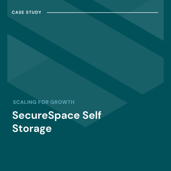 Cover page for a case study titled "SecureSpace Self Storage: Scaling for Growth," with geometric shapes and a teal color scheme.
