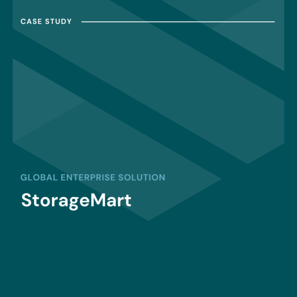 Teal graphic with geometric shapes; white text reads "CASE STUDY" and "GLOBAL ENTERPRISE SOLUTION StorageMart.