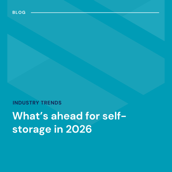 A blue graphic with the text: "BLOG. Industry Trends. What's ahead for self-storage in 2026." Geometric shapes are faintly visible in the background.