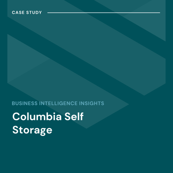 A teal graphic for a case study titled "Business Intelligence Insights: Columbia Self Storage" with geometric shapes in the background.