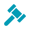A simple blue gavel icon is displayed on a light gray background.