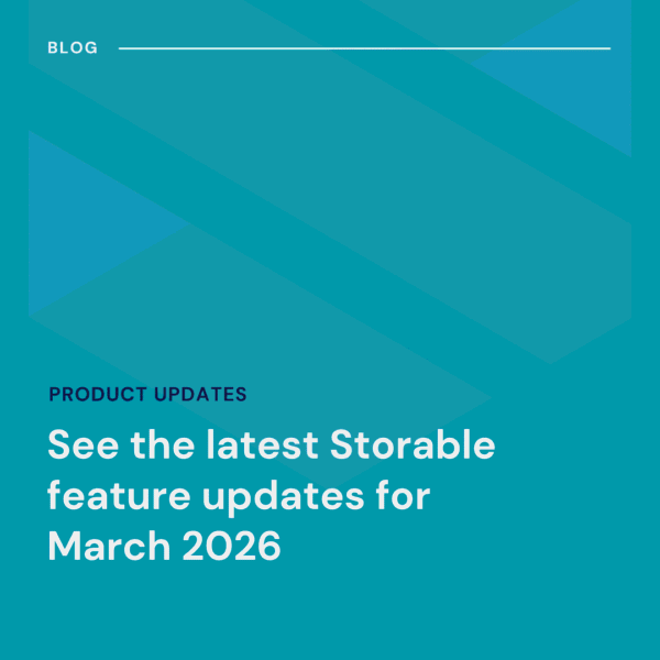 Teal graphic with white text announcing "See the latest Storable feature updates for March 2026" under a "Product Updates" blog section.