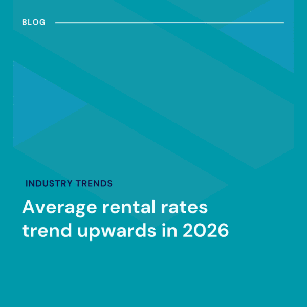 A blue graphic with text stating, "Average rental rates trend upwards in 2026" under the heading "Industry Trends.