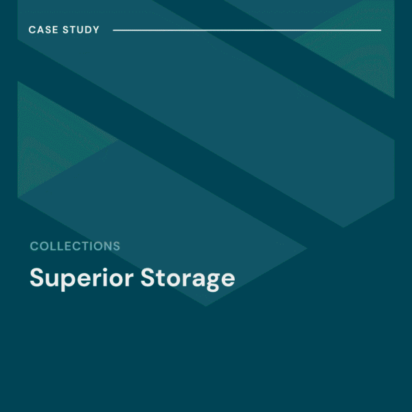 Teal geometric background with the text "Case Study" at the top and "Collections Superior Storage" in bold white letters.