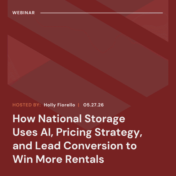 Webinar titled "How National Storage Uses AI, Pricing Strategy, and Lead Conversion to Win More Rentals," hosted by Holly Fiorello on 05.27.26.