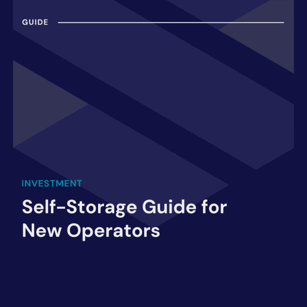 A dark blue cover page titled "Self-Storage Guide for New Operators" under the investment category, with geometric shapes in the background.