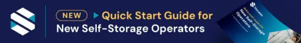 Banner promoting a "Quick Start Guide for New Self-Storage Operators" with a partial view of a guidebook and a blue background.