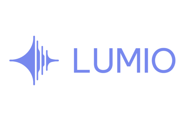 The Lumio logo featuring stylized blue sound wave shapes next to the word "LUMIO" in modern blue font on a light gray background.
