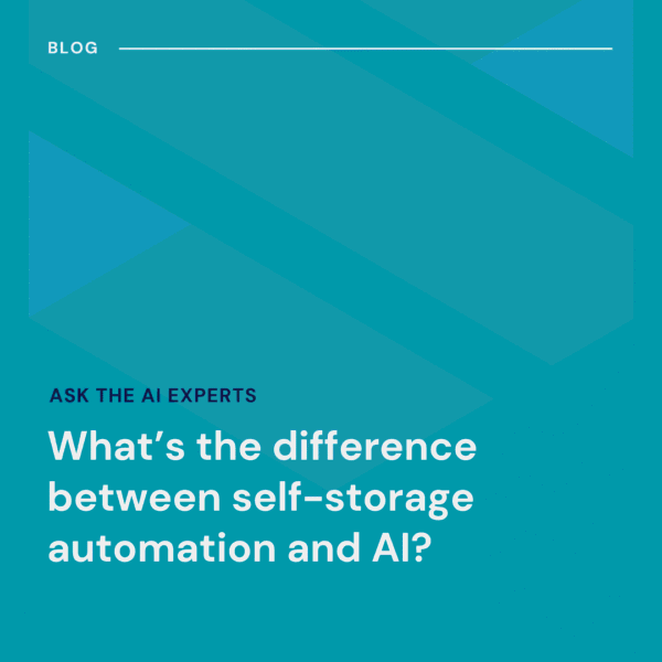 A blog post title on a blue background reads: "What’s the difference between self-storage automation and AI?" with "Ask the AI Experts" above it.
