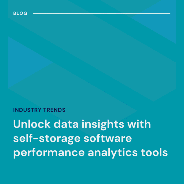 A blog post title reads: "Unlock data insights with self-storage software performance analytics tools" on a blue geometric background.