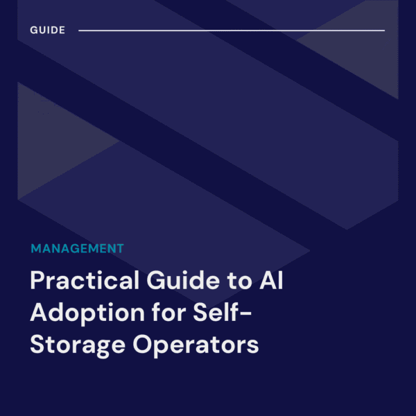 Cover of a guide titled "Practical Guide to AI Adoption for Self-Storage Operators" with a geometric blue background and white and blue text.