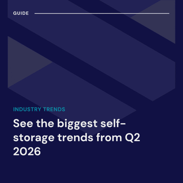 Dark blue cover page with geometric shapes and text: "See the biggest self-storage trends from Q2 2026.