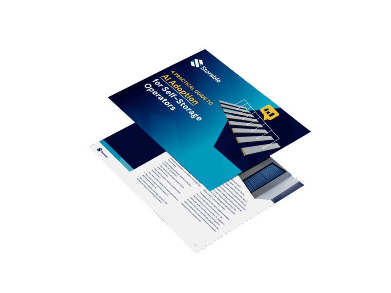 A brochure titled "AI and Data for Self Storage Operators" with geometric blue graphics and a photo of storage units on the cover.