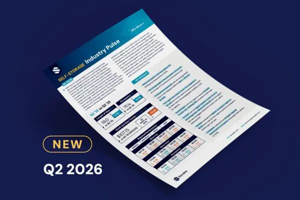 A self-storage industry report for Q2 2026 with charts, statistics, and analysis, displayed on a dark blue background next to text reading “NEW Q2 2026.”.