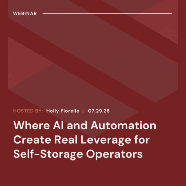 Webinar graphic on AI and automation benefits for self-storage operators, hosted by Holly Fiorello on July 29, 2026, with a red geometric background.