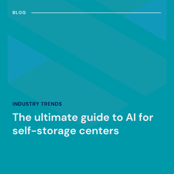 Blue blog graphic titled "The ultimate guide to AI for self-storage centers" under the section "Industry Trends." Geometric shapes form the background.