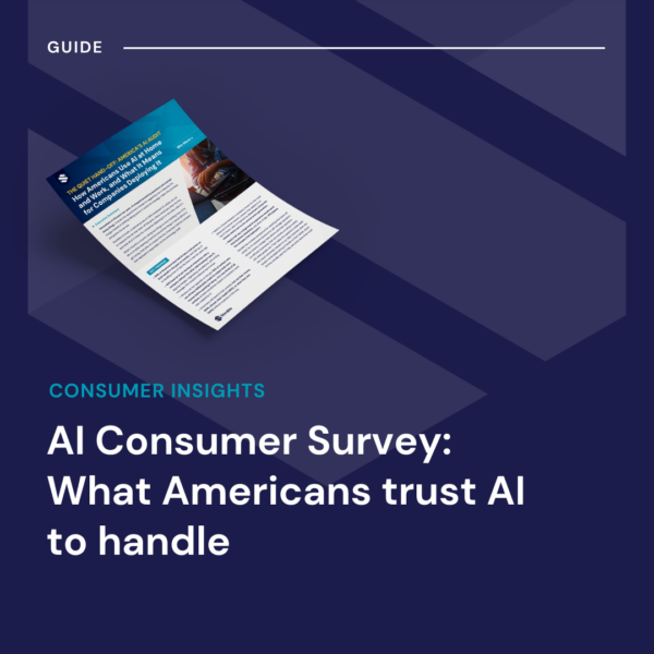A pamphlet about an AI consumer survey lies angled against a dark blue geometric background with the title, “AI Consumer Survey: What Americans trust AI to handle.”.