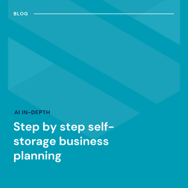 Blue graphic with the title “Step by step self-storage business planning” and the subtitle “AI In-depth” indicating a blog post.