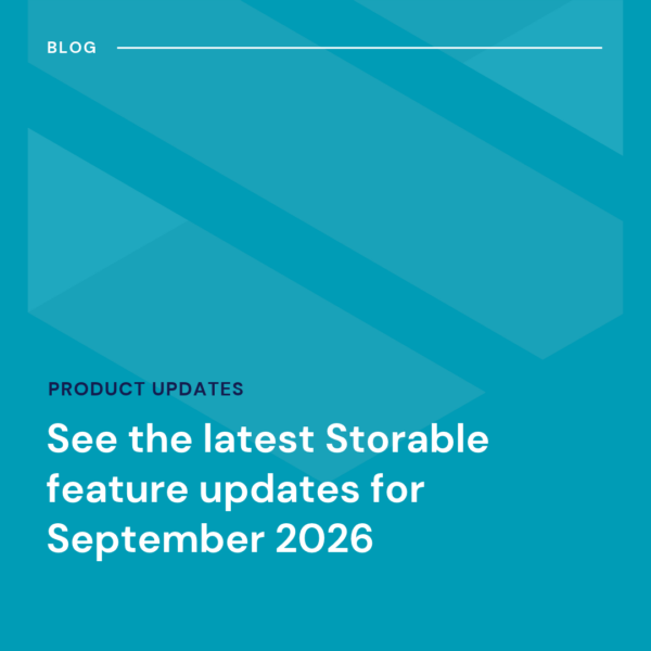 Blue graphic with angled shapes. White text reads: “See the latest Storable feature updates for September 2026” under “Product Updates” and “Blog” in the top left corner.