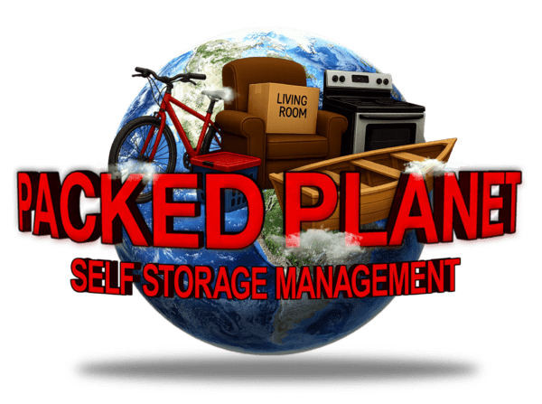 Logo for Packed Planet Self Storage Management featuring household items—bike, chair, stove, and canoe—arranged on a globe with bold red and yellow text.